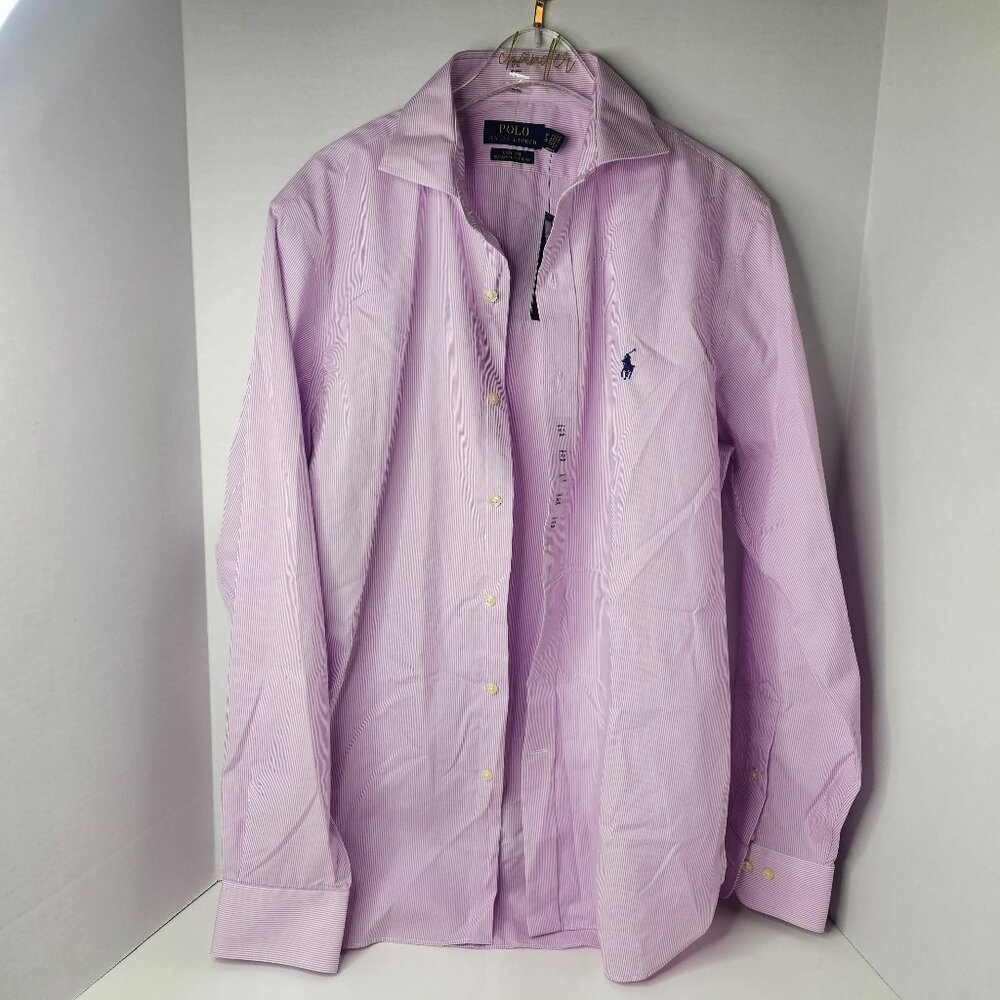 Polo Ralph Lauren Shirt Purple White Long Sleeve Striped 15.5 34/35 Button Down